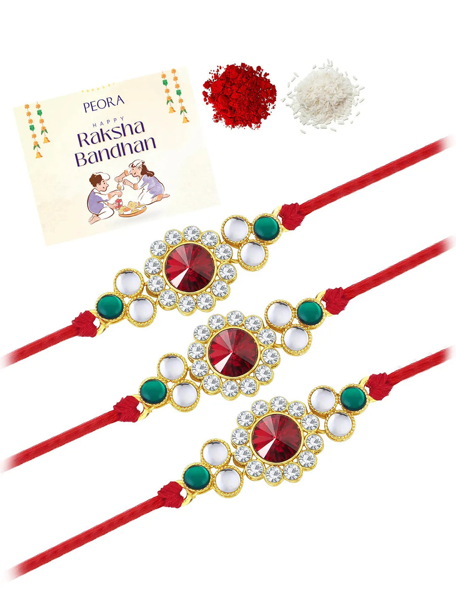 Peora Triple Kundan Round Rakhi Set
