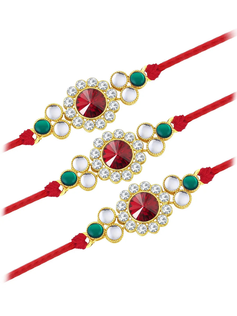Peora Triple Kundan Round Rakhi Set