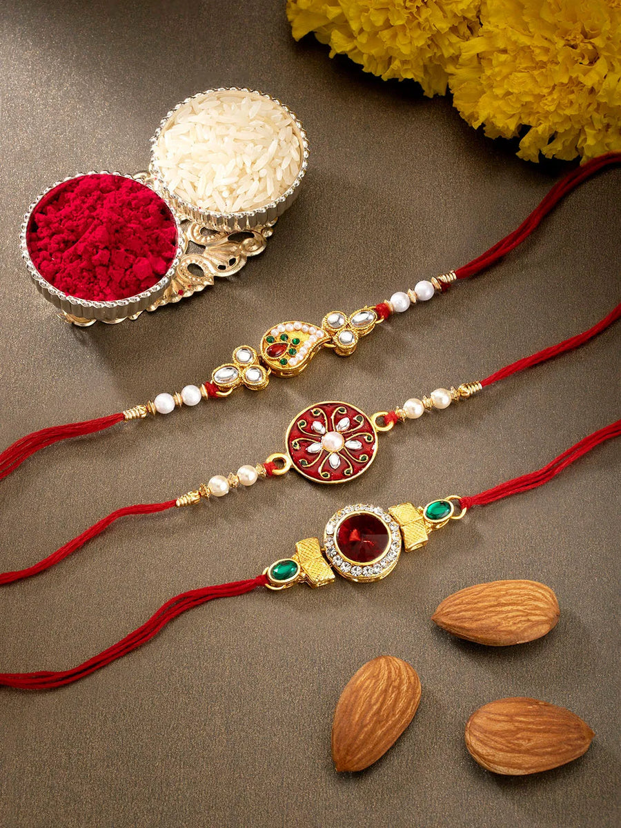 Peora Kundan Work Rakhi Trio with Kundan & Pearl