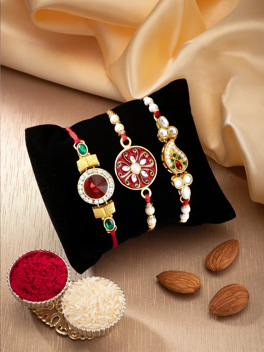 Peora Kundan Work Rakhi Trio with Kundan & Pearl