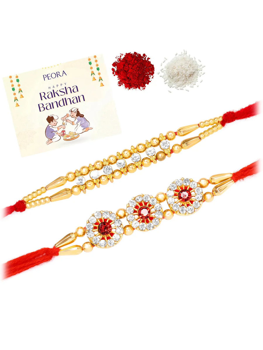 Peora Golden Crystal Floral Rakhi for Brother | Set of 2