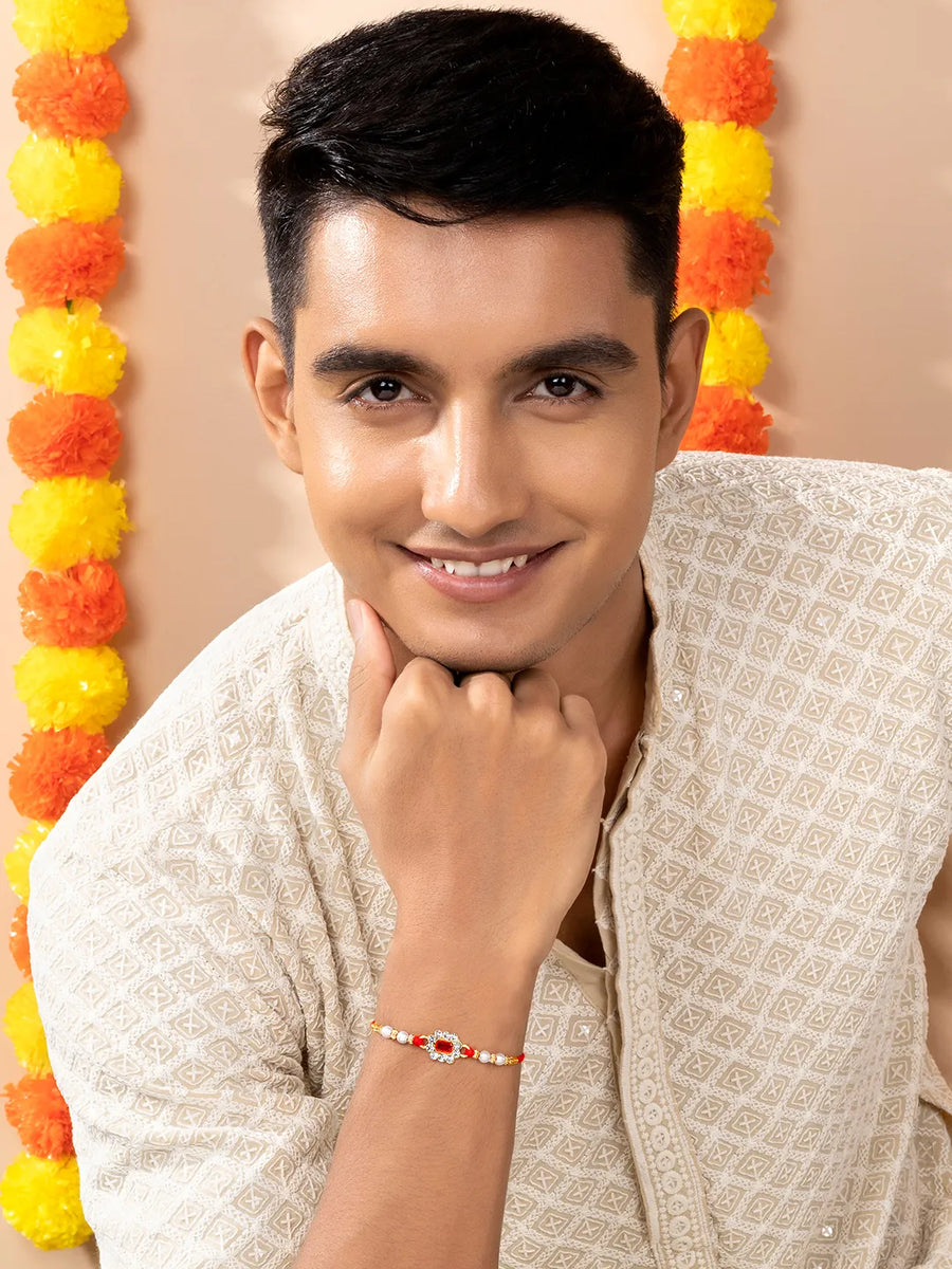 Pearl Studded Floral Crystal Rakhi
