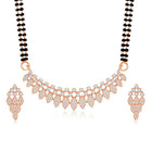 Stunning Radiant CZ Mangalsutra Set. Rose gold CZ mangalsutra set with black beads and matching earrings, in teardrop shape.