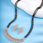 Stunning Radiant CZ Mangalsutra Set. Rose gold CZ mangalsutra set with black beads and matching earrings, in teardrop shape.