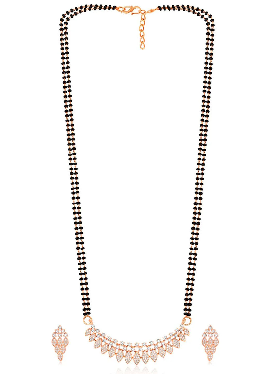 Stunning Radiant CZ Mangalsutra Set. Rose gold CZ mangalsutra set with black beads and matching earrings, in teardrop shape.