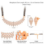 Stunning Radiant CZ Mangalsutra Set. Rose gold CZ mangalsutra set with black beads and matching earrings, in teardrop shape.
