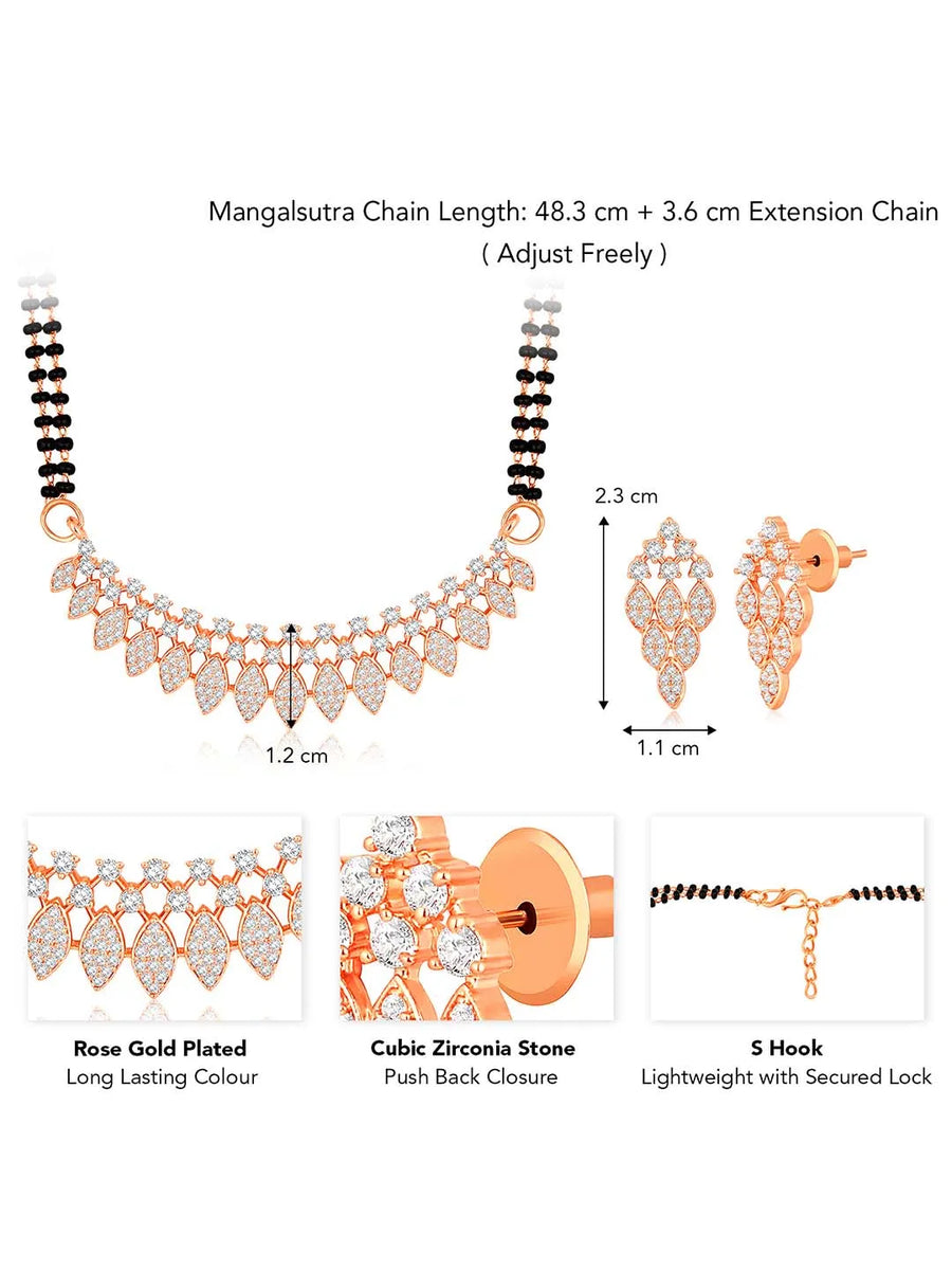 Stunning Radiant CZ Mangalsutra Set. Rose gold CZ mangalsutra set with black beads and matching earrings, in teardrop shape.