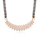 Stunning Radiant CZ Mangalsutra Set. Rose gold CZ mangalsutra set with black beads and matching earrings, in teardrop shape.