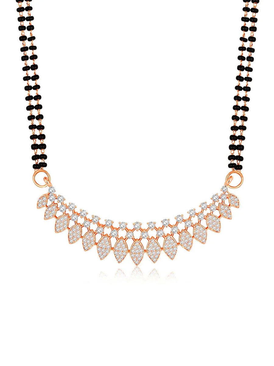 Stunning Radiant CZ Mangalsutra Set. Rose gold CZ mangalsutra set with black beads and matching earrings, in teardrop shape.