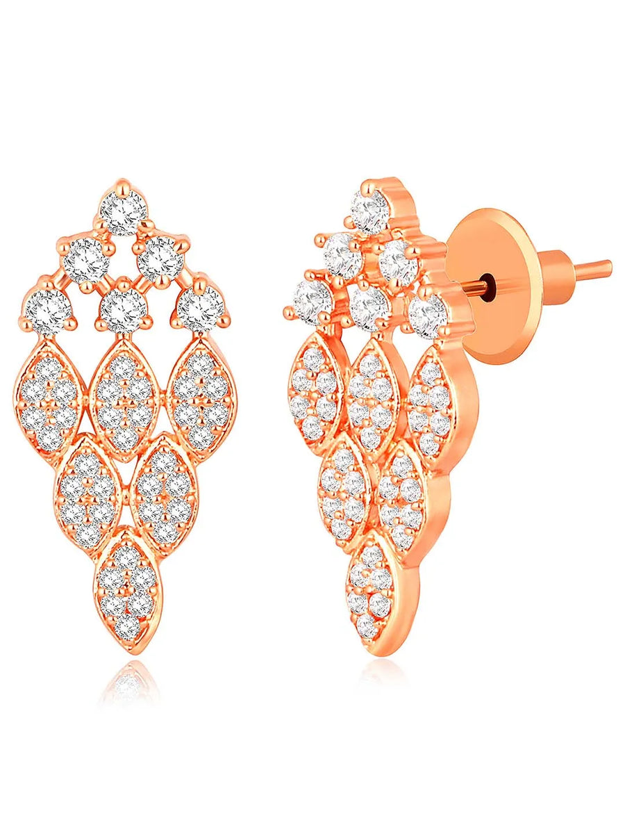 Stunning Radiant CZ Mangalsutra Set. Rose gold CZ mangalsutra set with black beads and matching earrings, in teardrop shape.