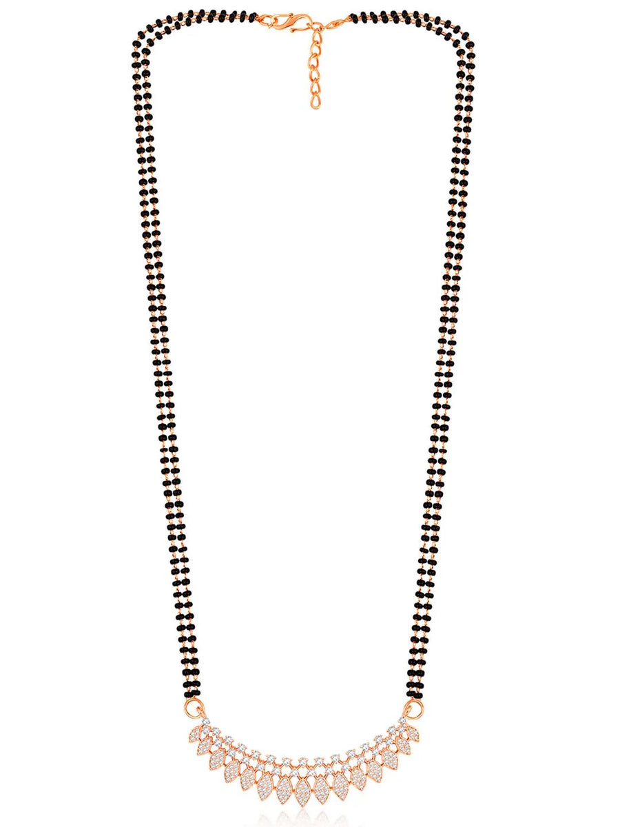Stunning Radiant CZ Mangalsutra Set. Rose gold CZ mangalsutra set with black beads and matching earrings, in teardrop shape.