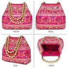 Rani Pink potli bag named Floral Threadwork Potli with Bead Handle, featuring artificial beads detailing and soft fabric texture | Peora
