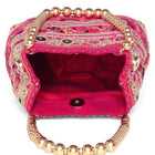 Rani Pink potli bag named Floral Threadwork Potli with Bead Handle, featuring artificial beads detailing and soft fabric texture | Peora
