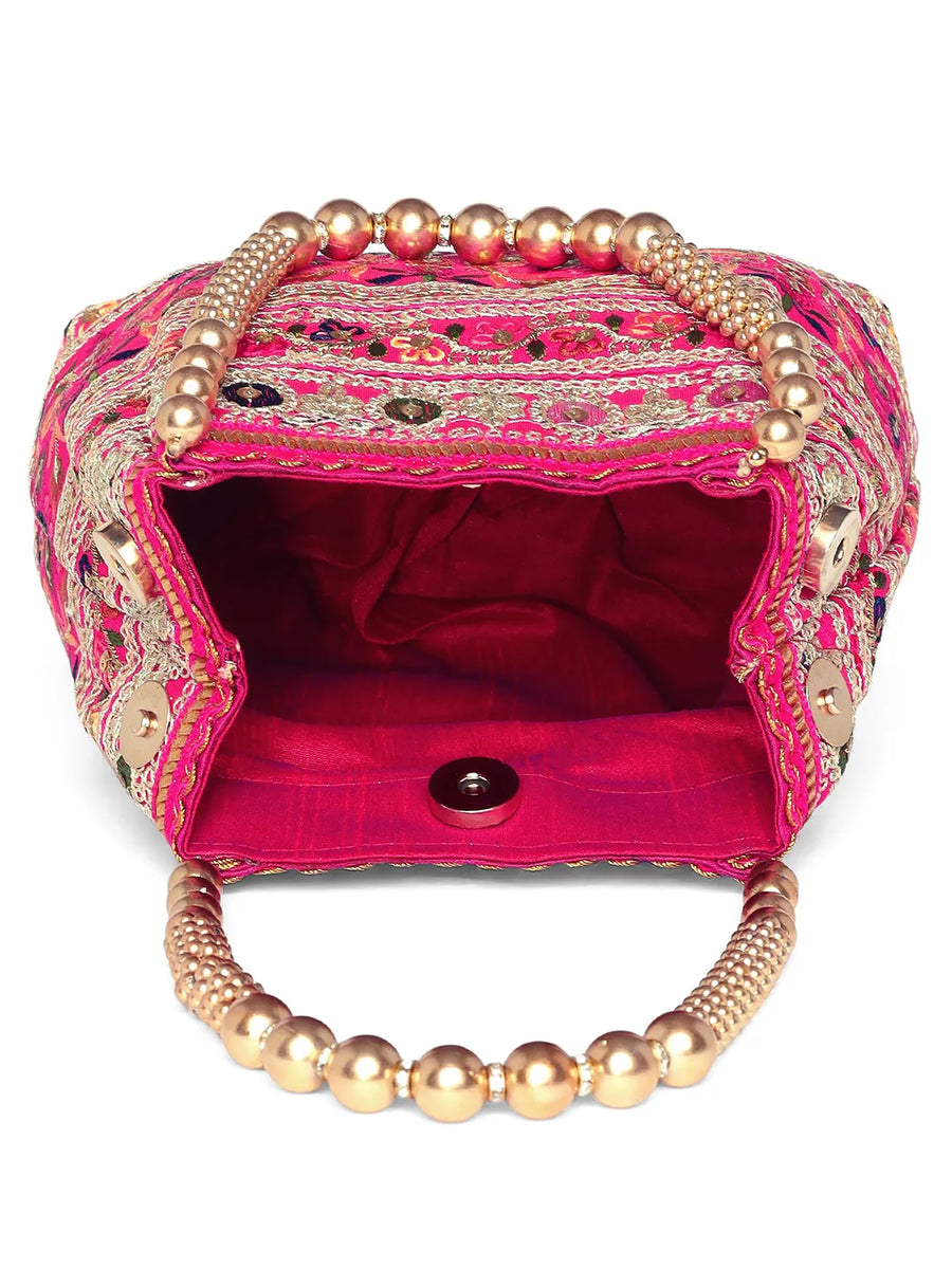 Rani Pink potli bag named Floral Threadwork Potli with Bead Handle, featuring artificial beads detailing and soft fabric texture | Peora

