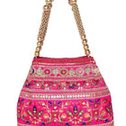 Rani Pink potli bag named Floral Threadwork Potli with Bead Handle, featuring artificial beads detailing and soft fabric texture | Peora
