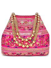 Rani Pink potli bag named Floral Threadwork Potli with Bead Handle, featuring artificial beads detailing and soft fabric texture | Peora
