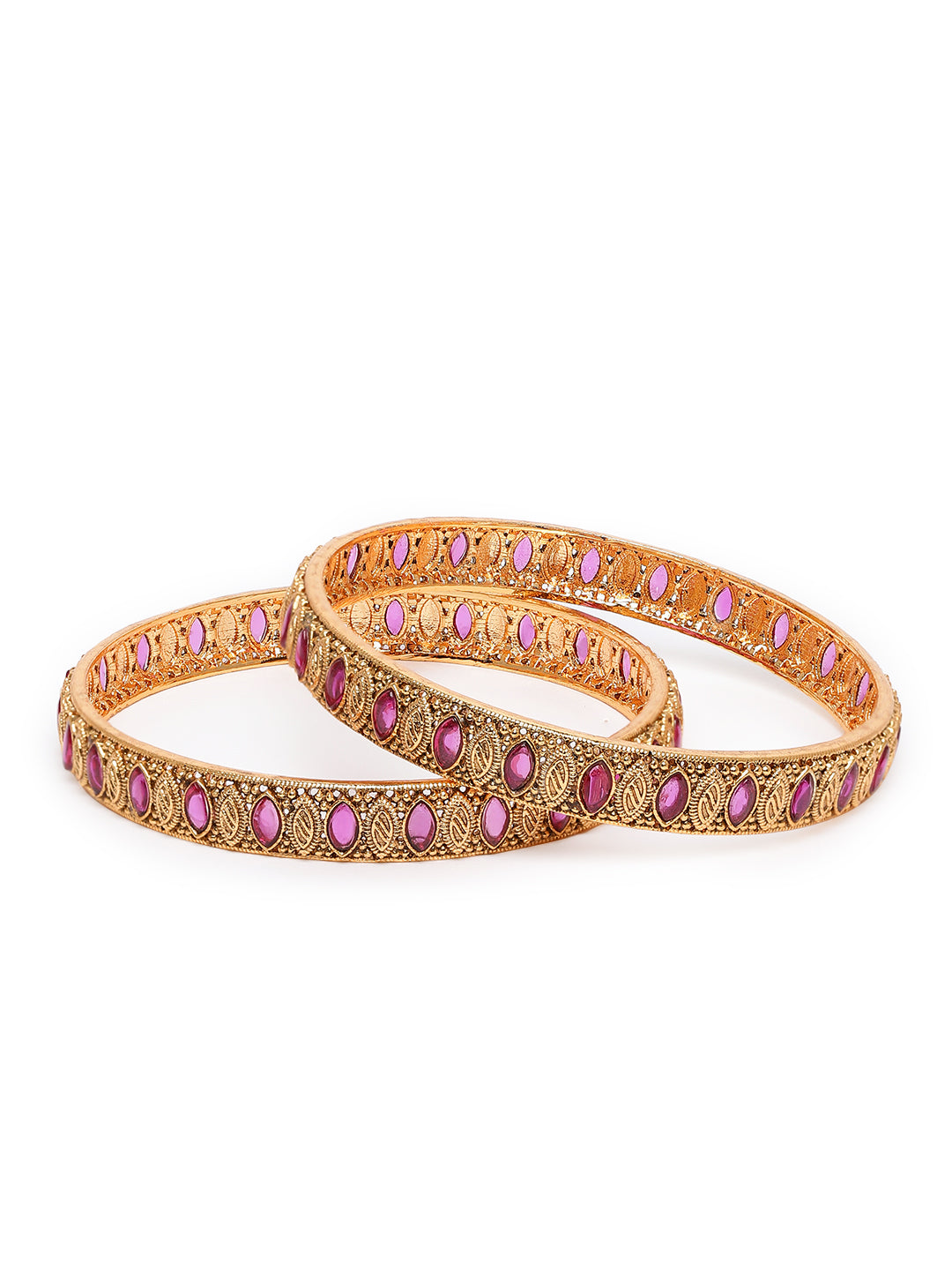 Marquise CZ Textured Bangle Set in Gold - Rani Pink featuring Faux Ruby  bangle set 
