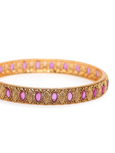 Marquise CZ Textured Bangle Set in Gold - Rani Pink featuring Faux Ruby  bangle set 
