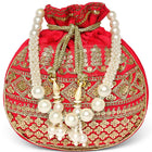 Red potli bag named Drawstring Potli with Zari Embroidery, featuring faux pearl detailing and soft fabric texture | Peora
