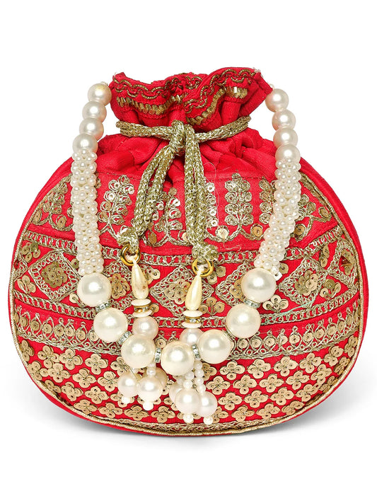 Red potli bag named Drawstring Potli with Zari Embroidery, featuring faux pearl detailing and soft fabric texture | Peora
