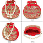Red potli bag named Drawstring Potli with Zari Embroidery, featuring faux pearl detailing and soft fabric texture | Peora
