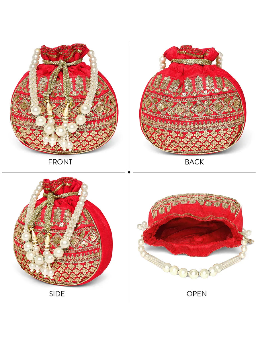 Red potli bag named Drawstring Potli with Zari Embroidery, featuring faux pearl detailing and soft fabric texture | Peora

