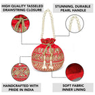 Red potli bag named Drawstring Potli with Zari Embroidery, featuring faux pearl detailing and soft fabric texture | Peora
