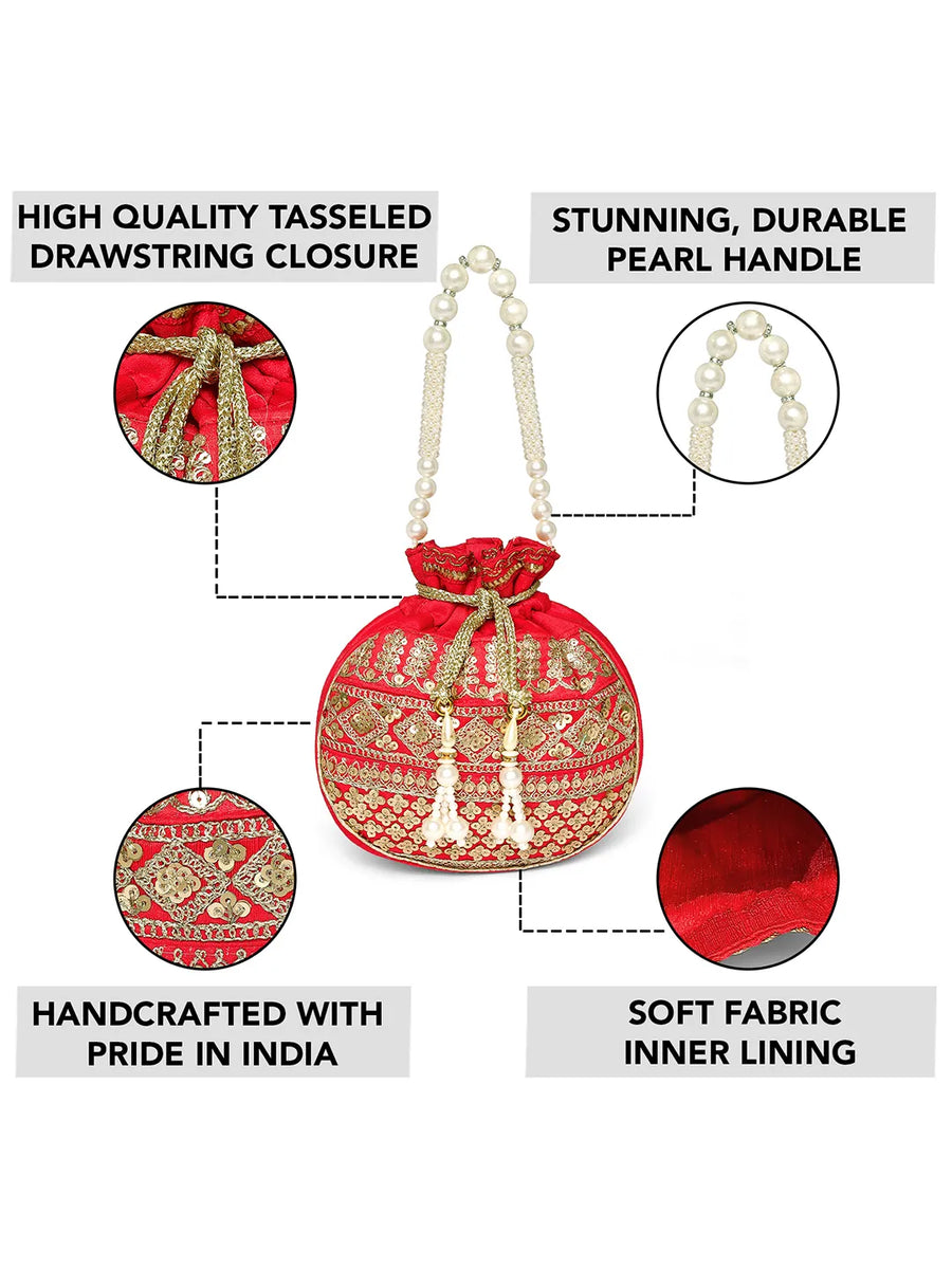 Red potli bag named Drawstring Potli with Zari Embroidery, featuring faux pearl detailing and soft fabric texture | Peora
