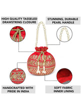 Red potli bag named Drawstring Potli with Zari Embroidery, featuring faux pearl detailing and soft fabric texture | Peora
