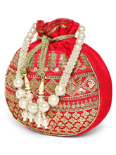Red potli bag named Drawstring Potli with Zari Embroidery, featuring faux pearl detailing and soft fabric texture | Peora
