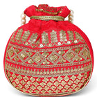 Red potli bag named Drawstring Potli with Zari Embroidery, featuring faux pearl detailing and soft fabric texture | Peora
