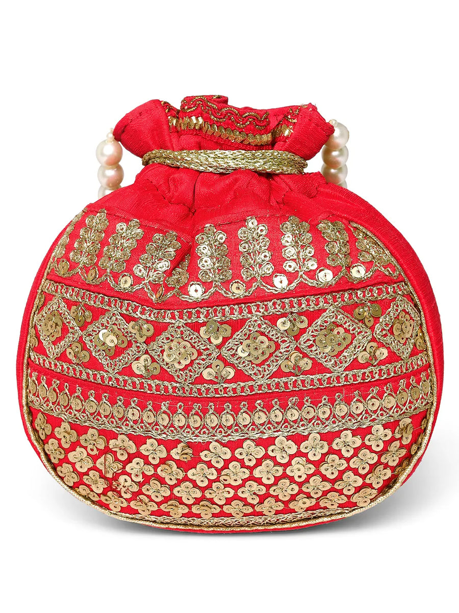 Red potli bag named Drawstring Potli with Zari Embroidery, featuring faux pearl detailing and soft fabric texture | Peora
