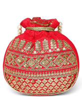 Red potli bag named Drawstring Potli with Zari Embroidery, featuring faux pearl detailing and soft fabric texture | Peora
