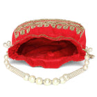 Red potli bag named Drawstring Potli with Zari Embroidery, featuring faux pearl detailing and soft fabric texture | Peora
