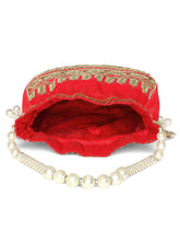 Red potli bag named Drawstring Potli with Zari Embroidery, featuring faux pearl detailing and soft fabric texture | Peora
