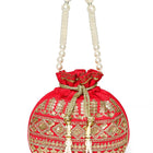 Red potli bag named Drawstring Potli with Zari Embroidery, featuring faux pearl detailing and soft fabric texture | Peora
