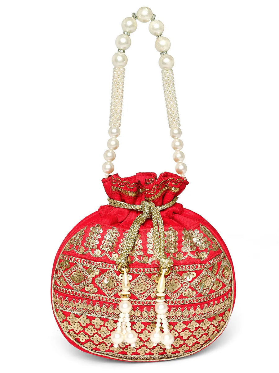 Red potli bag named Drawstring Potli with Zari Embroidery, featuring faux pearl detailing and soft fabric texture | Peora
