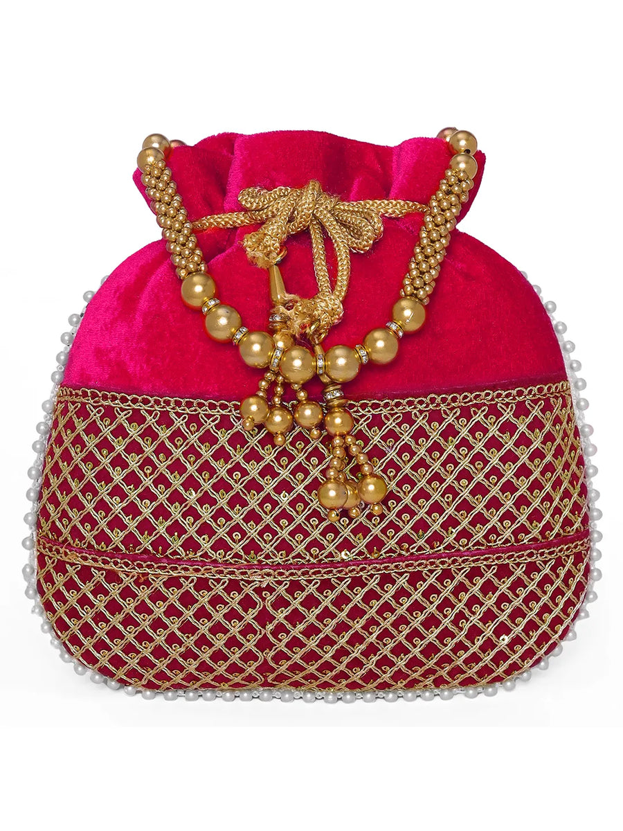 Red potli bag named Pearl Trim Zari Bead Potli Bag, featuring artificial beads detailing and soft fabric texture | Peora
