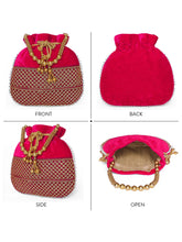Red potli bag named Pearl Trim Zari Bead Potli Bag, featuring artificial beads detailing and soft fabric texture | Peora
