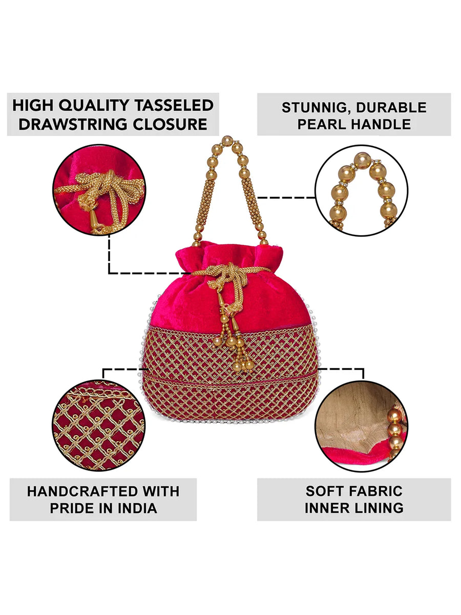 Red potli bag named Pearl Trim Zari Bead Potli Bag, featuring artificial beads detailing and soft fabric texture | Peora

