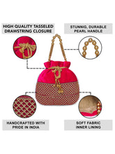 Red potli bag named Pearl Trim Zari Bead Potli Bag, featuring artificial beads detailing and soft fabric texture | Peora
