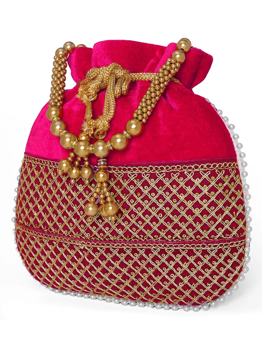 Red potli bag named Pearl Trim Zari Bead Potli Bag, featuring artificial beads detailing and soft fabric texture | Peora
