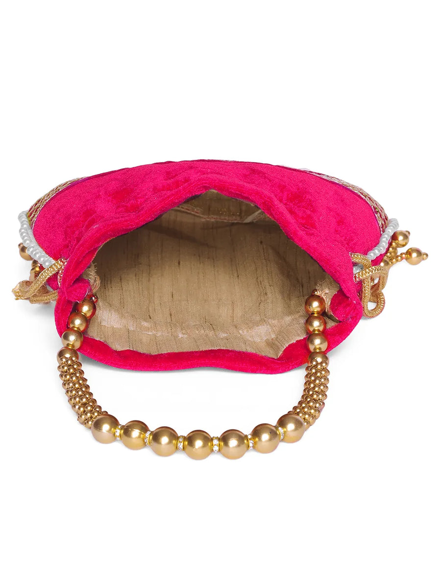 Red potli bag named Pearl Trim Zari Bead Potli Bag, featuring artificial beads detailing and soft fabric texture | Peora
