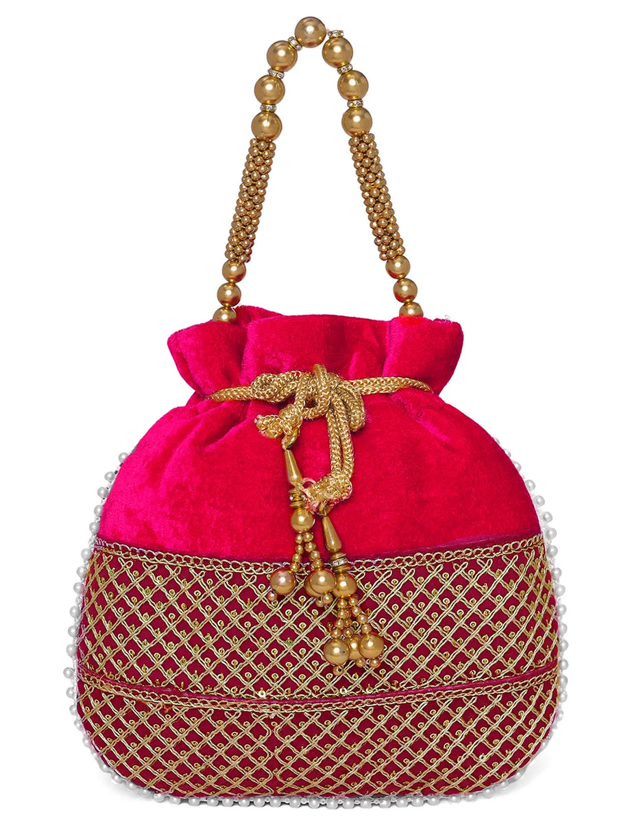 Red potli bag named Pearl Trim Zari Bead Potli Bag, featuring artificial beads detailing and soft fabric texture | Peora

