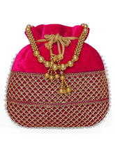 Red potli bag named Pearl Trim Zari Bead Potli Bag, featuring artificial beads detailing and soft fabric texture | Peora
