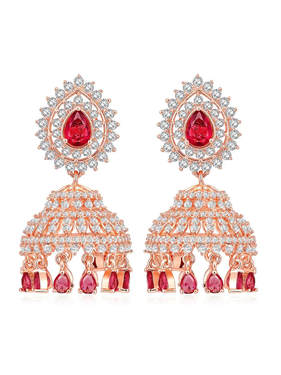 Luxurious Ruby & CZ Dangle Jhumki. A pair of Rose gold plating jhumka earrings with Cubic Zirconia Diamonds & Red rubies. Best for your elegant ethnic looks. 