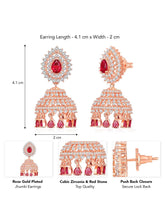 Luxurious Ruby & CZ Dangle Jhumki. A pair of Rose gold plating jhumka earrings with Cubic Zirconia Diamonds & Red rubies. Best for your elegant ethnic looks. 
