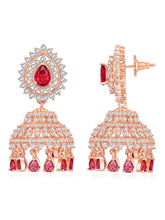 Luxurious Ruby & CZ Dangle Jhumki. A pair of Rose gold plating jhumka earrings with Cubic Zirconia Diamonds & Red rubies. Best for your elegant ethnic looks. 
