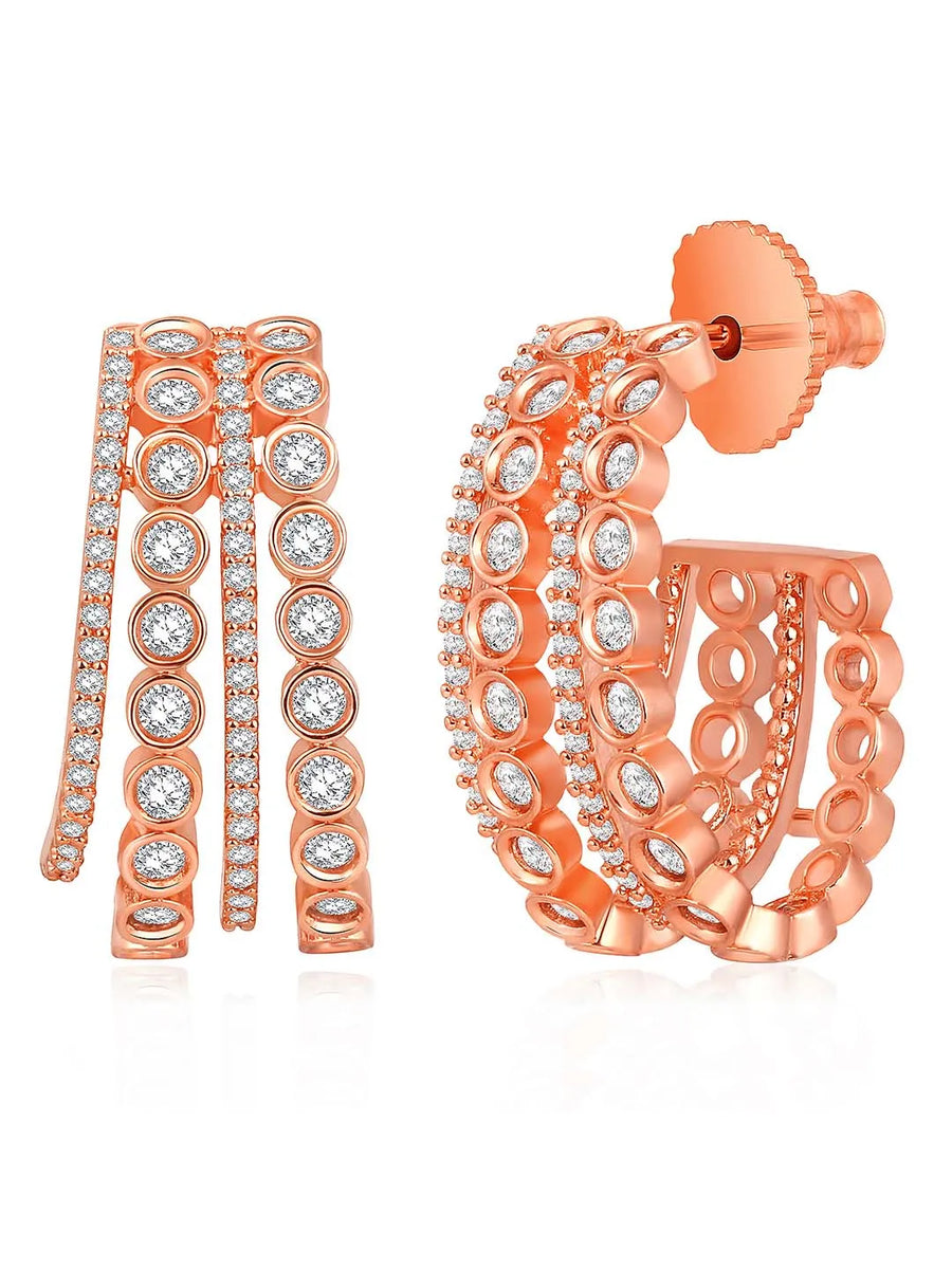 Glamorous Radiant CZ Half Hoop Earrings. A pair of rose gold-colored half hoop earrings with cubic zirconia embellishments. Ideal for casuals & party looks.