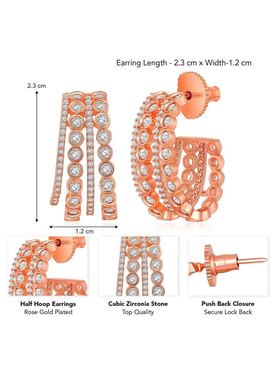 Glamorous Radiant CZ Half Hoop Earrings. A pair of rose gold-colored half hoop earrings with cubic zirconia embellishments. Ideal for casuals & party looks.
